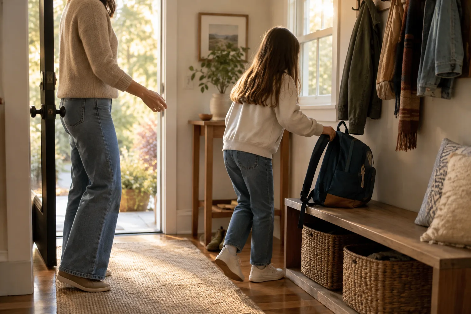 Un enfant pose son cartable dans l’entrée tandis qu’un parent l’accueille dans une lumière douce.