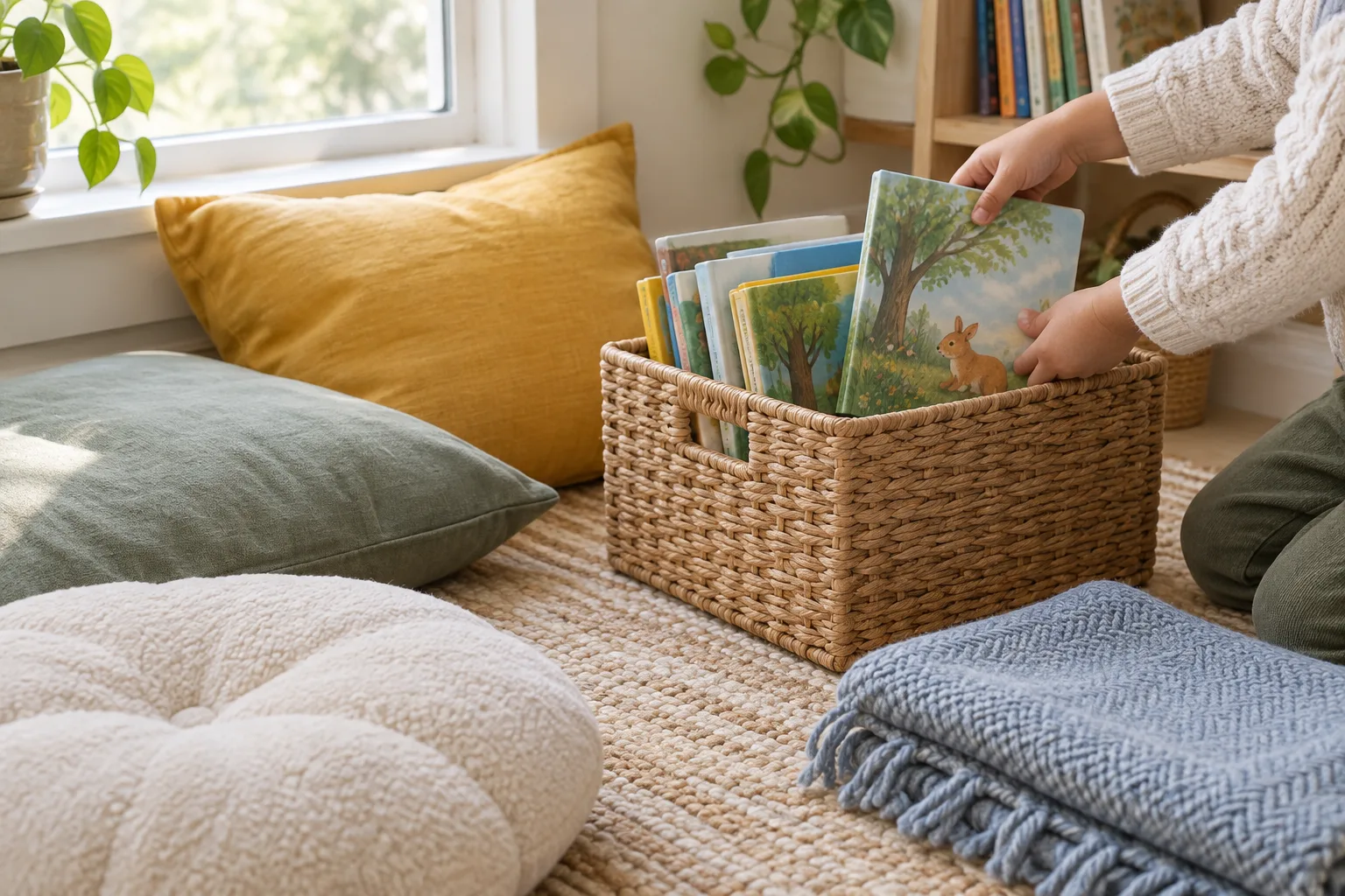 Un panier de livres et des coussins composent un petit coin lecture à la maison.