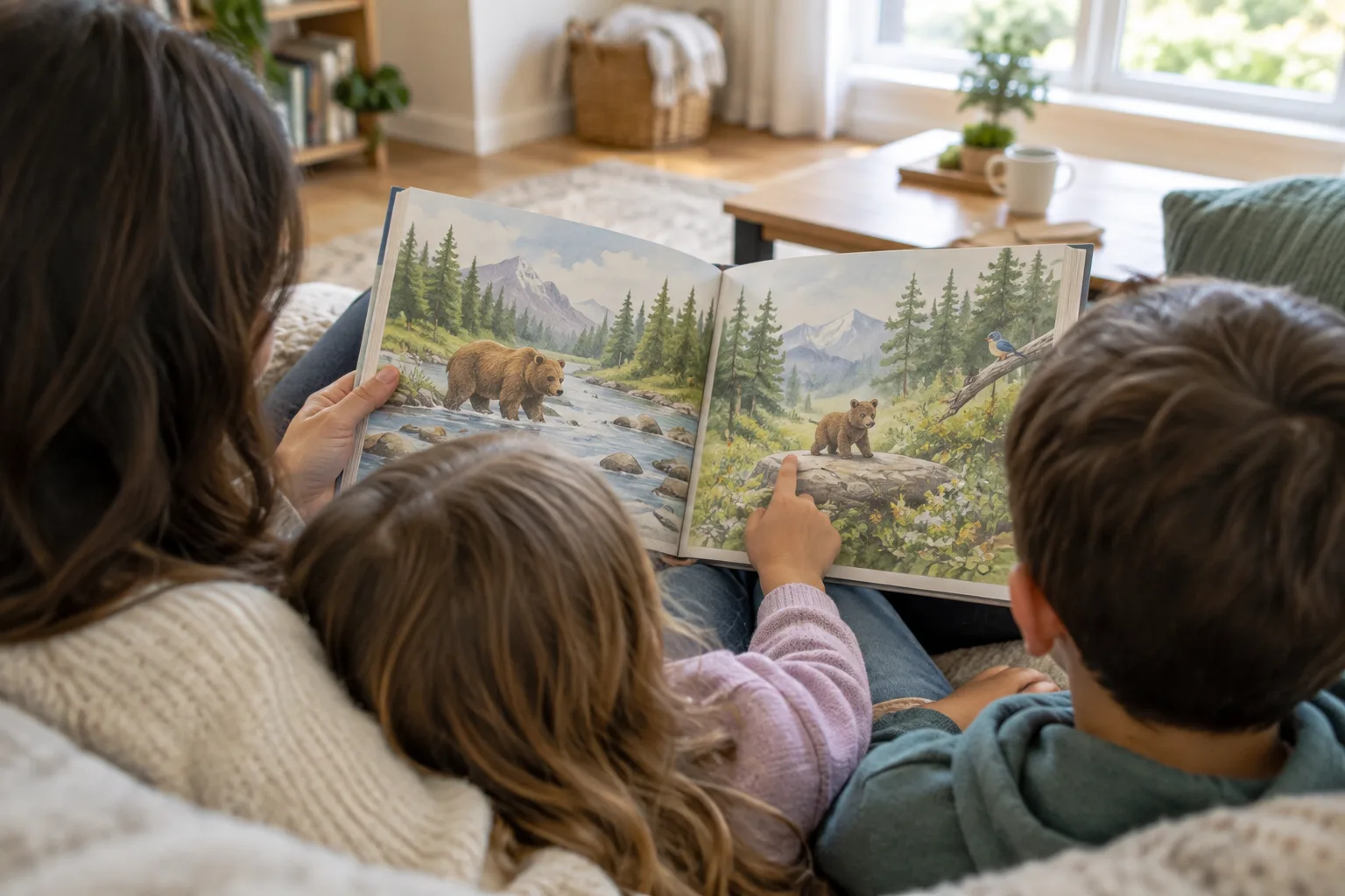 Une famille réunie autour d’un livre illustré dans un coin confortable du salon.