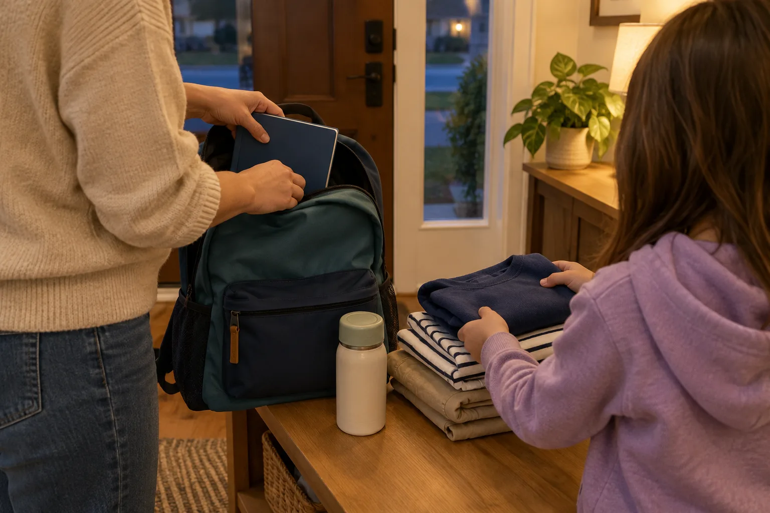 Un parent et un enfant préparent un sac et des vêtements près de l’entrée la veille au soir.