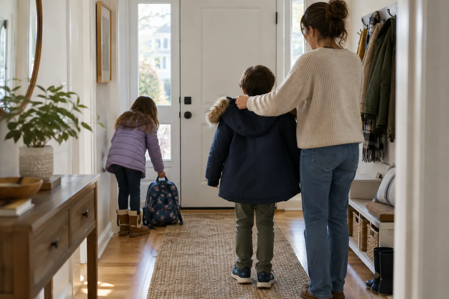 Un enfant pose son sac près de la porte pendant qu’un adulte l’aide à se préparer.