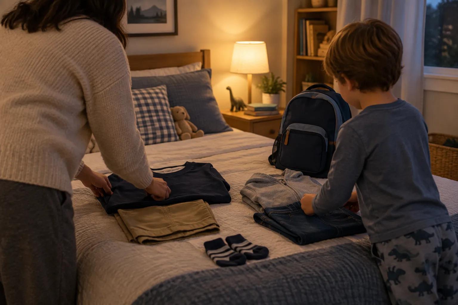 Un parent et un enfant disposent des vêtements et préparent un sac dans une chambre le soir.