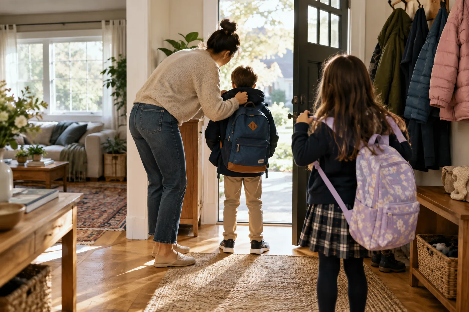 Un parent et un enfant préparent des vêtements et un sac pour le lendemain dans une chambre lumineuse.