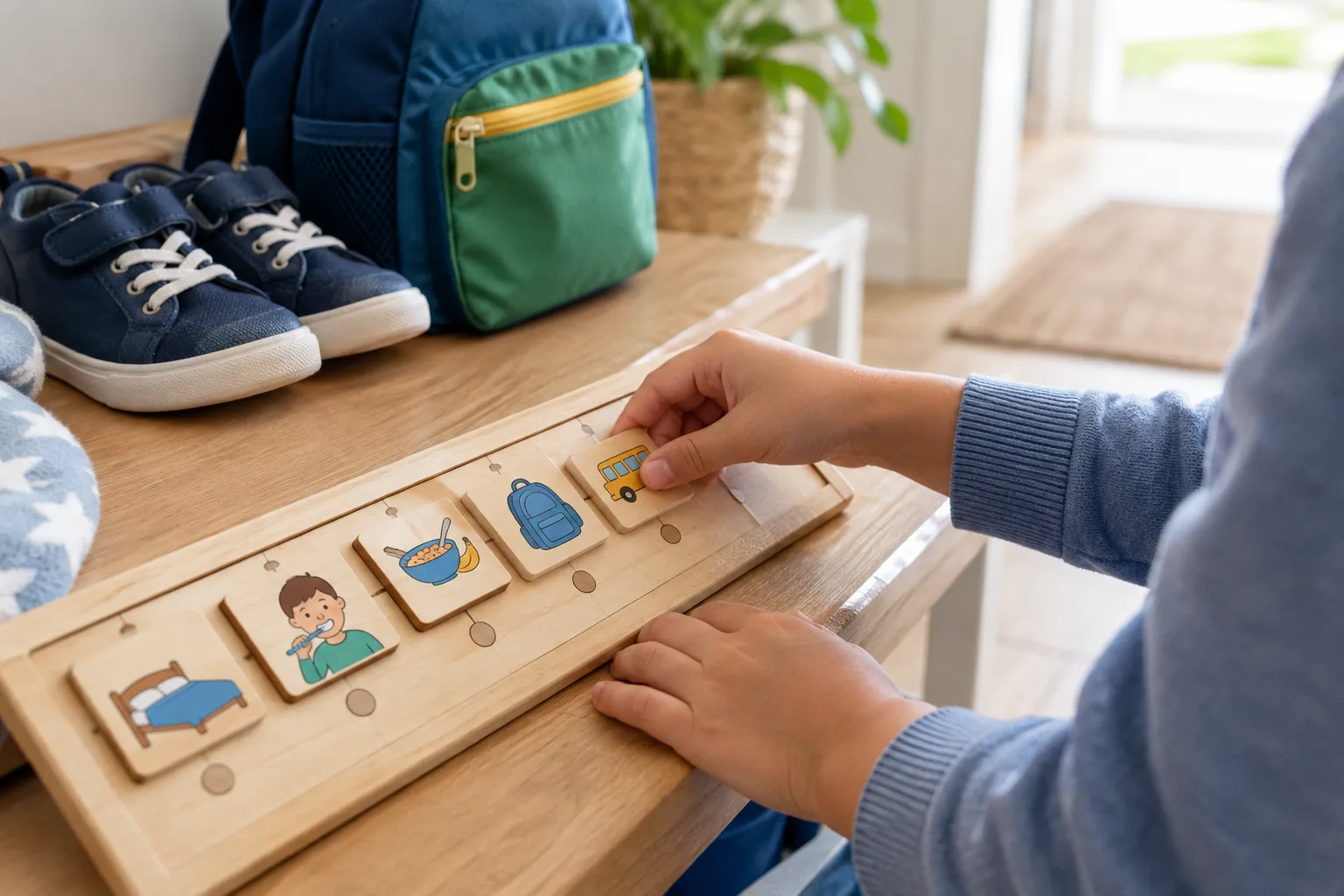 Une main d’enfant déplace une image sur un tableau de routine posé près d’un sac et de chaussures.