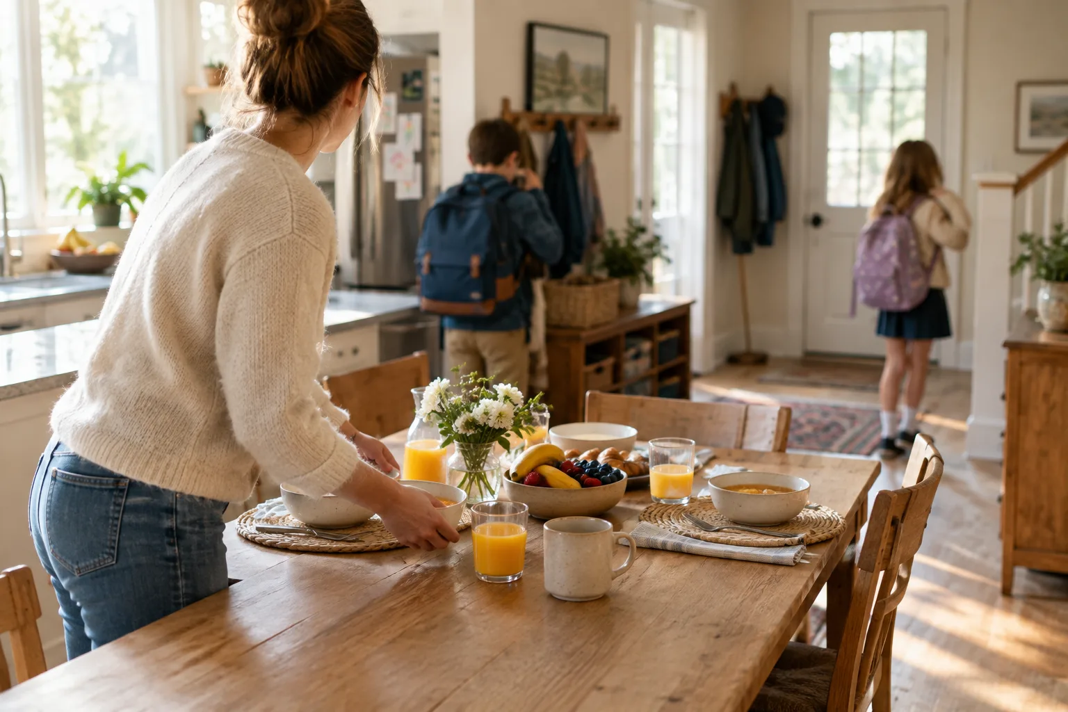 Un parent prépare le petit-déjeuner pendant que les enfants se préparent pour la journée.