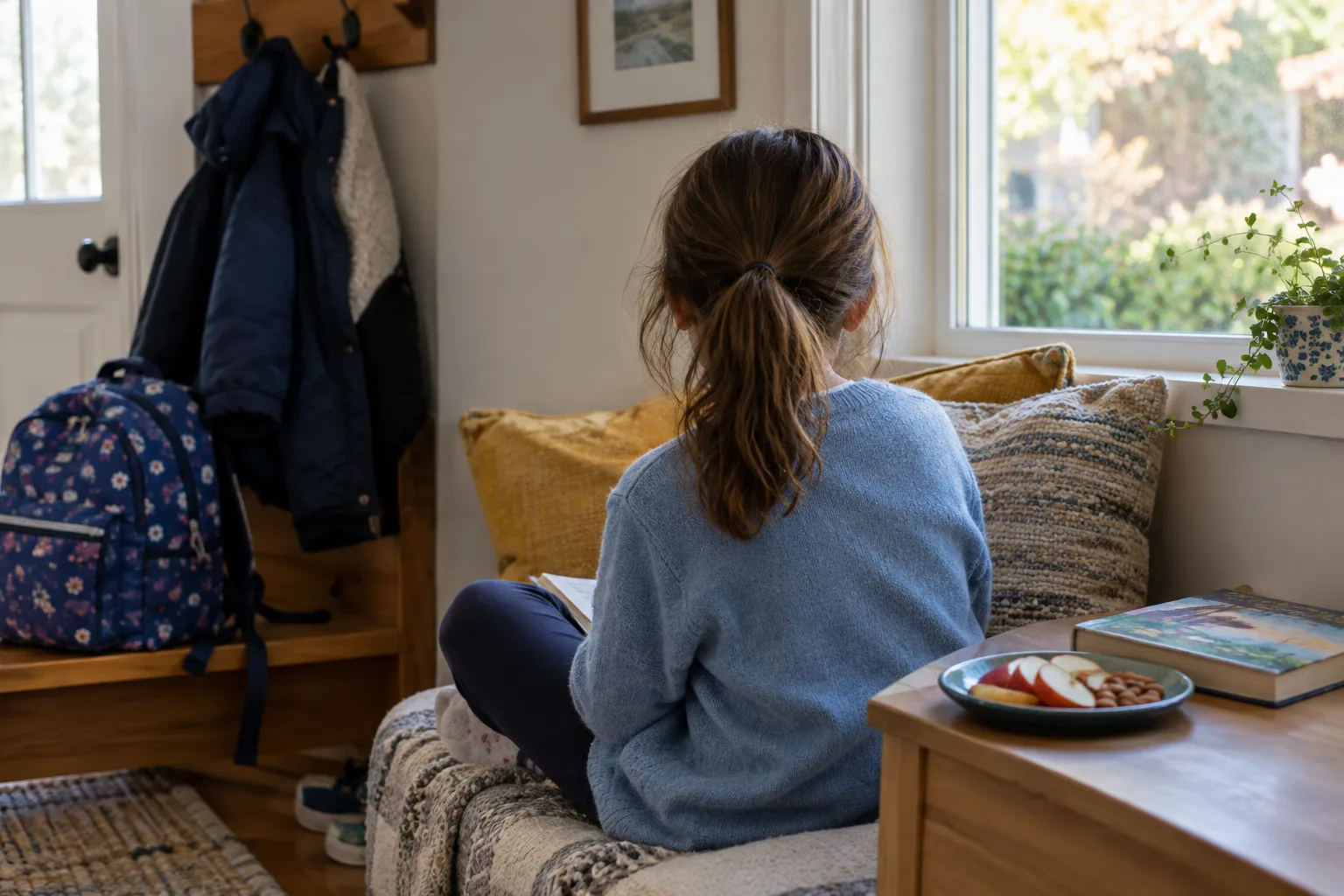 Un enfant fait une pause au calme avec un livre et un goûter après l’école.