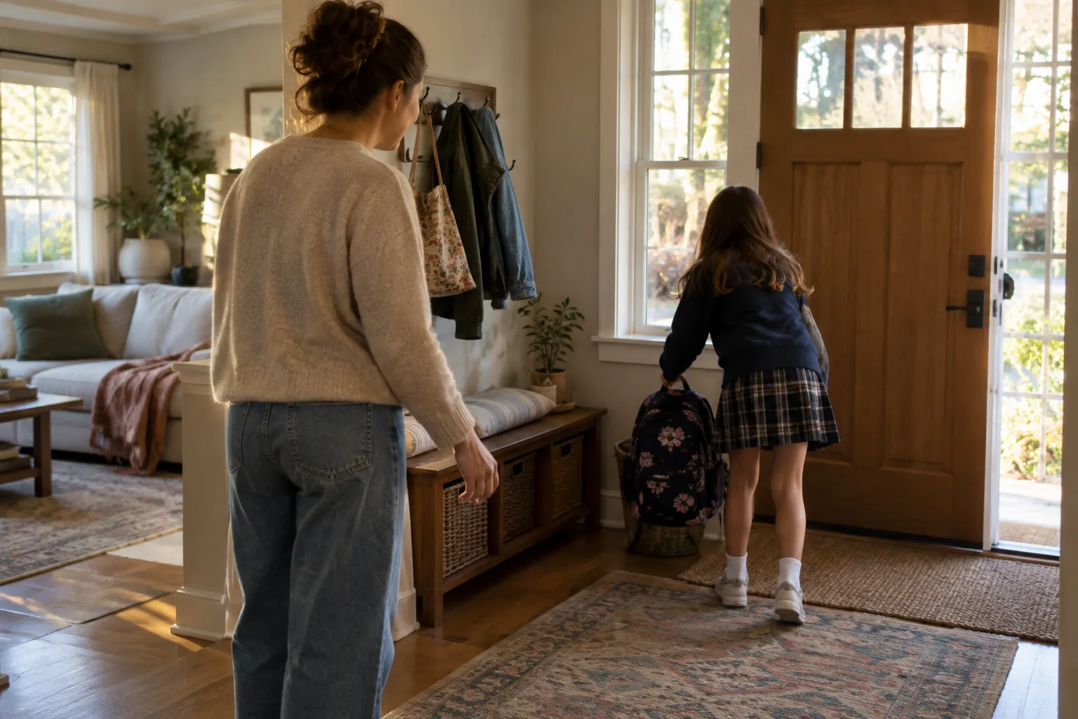 Un parent accueille son enfant de retour de l’école dans une entrée familiale lumineuse.