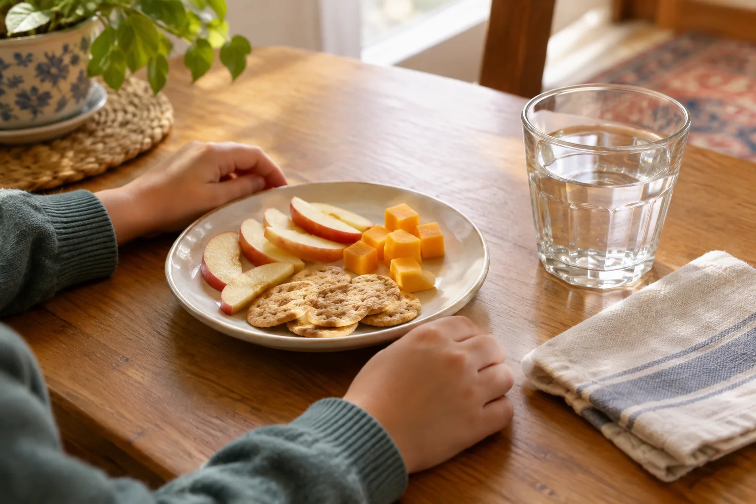 Un goûter simple est posé sur la table, avec une assiette, une serviette et un verre d’eau.
