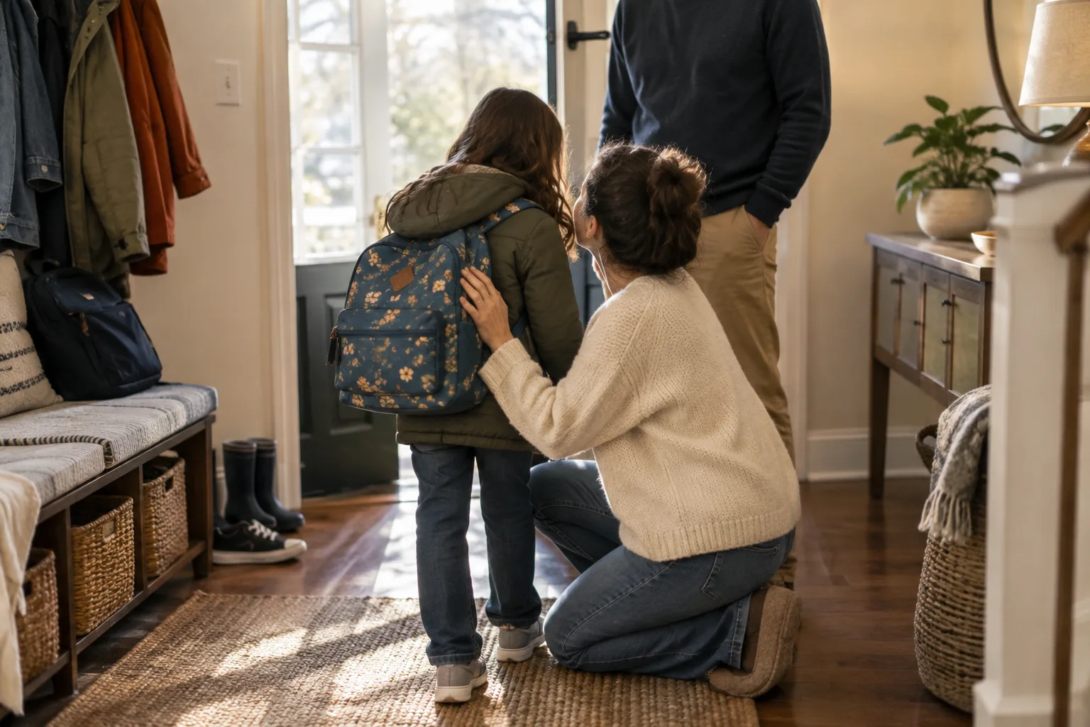 Un enfant pose son sac en rentrant de l’école tandis qu’un parent l’accueille dans l’entrée.