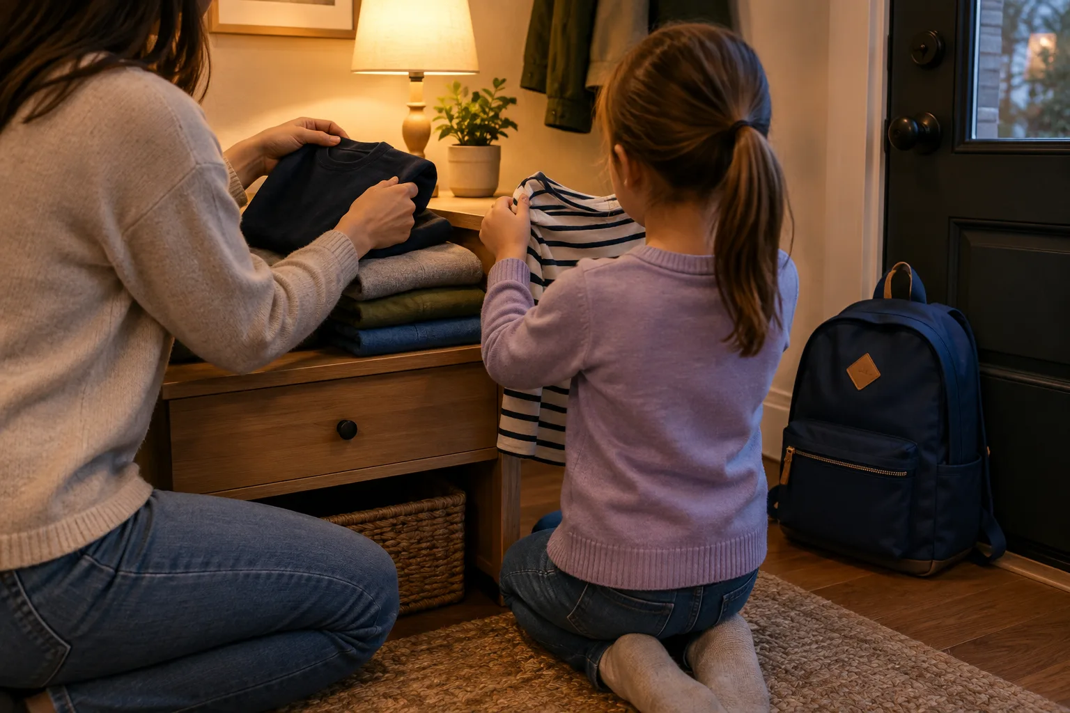 Un parent et un enfant préparent des vêtements et un sac pour le lendemain.