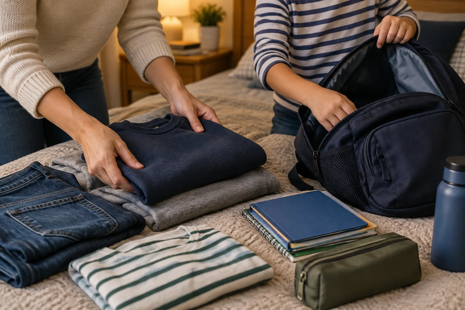 Des mains préparent un vêtement et rangent des affaires dans un sac d’enfant.