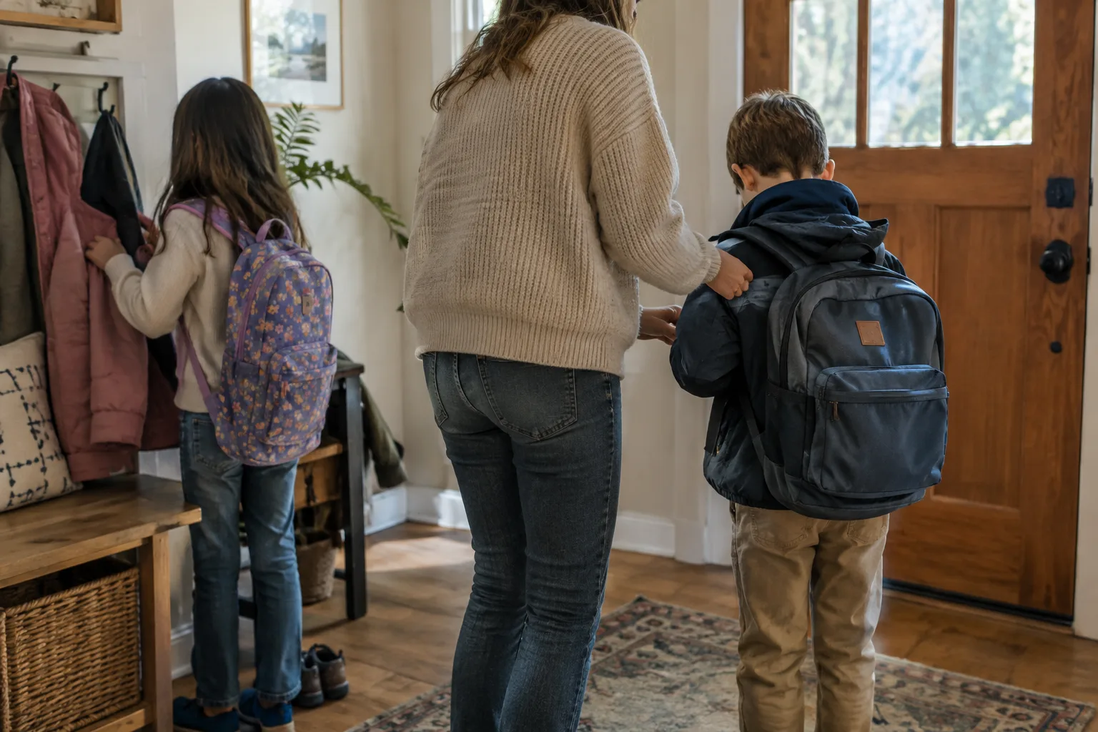 Une famille rassemble sacs et manteaux près de la porte avant de partir le matin.