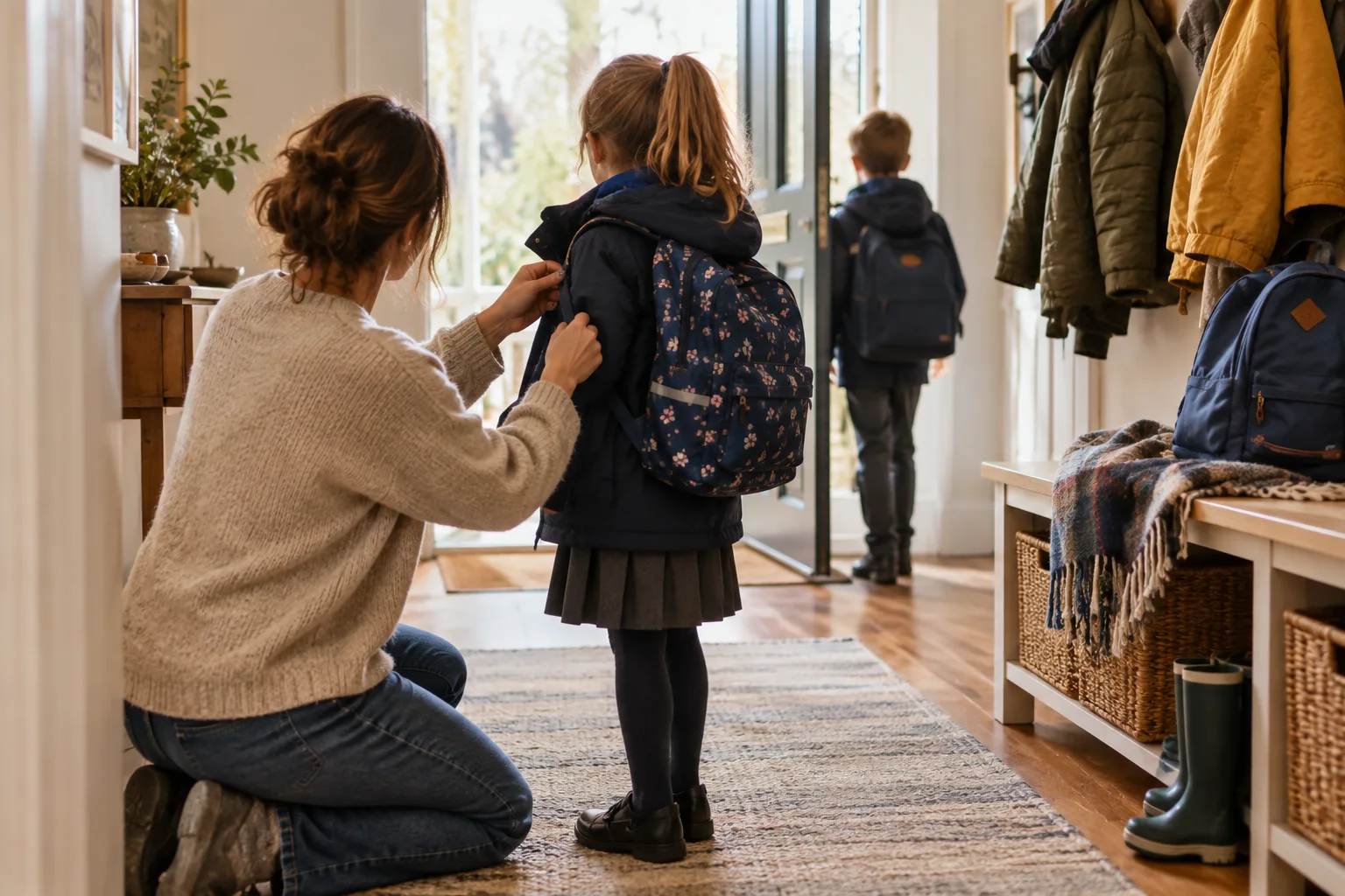 Un parent et un enfant préparent vêtements et sac près de l’entrée, la veille d’un départ.
