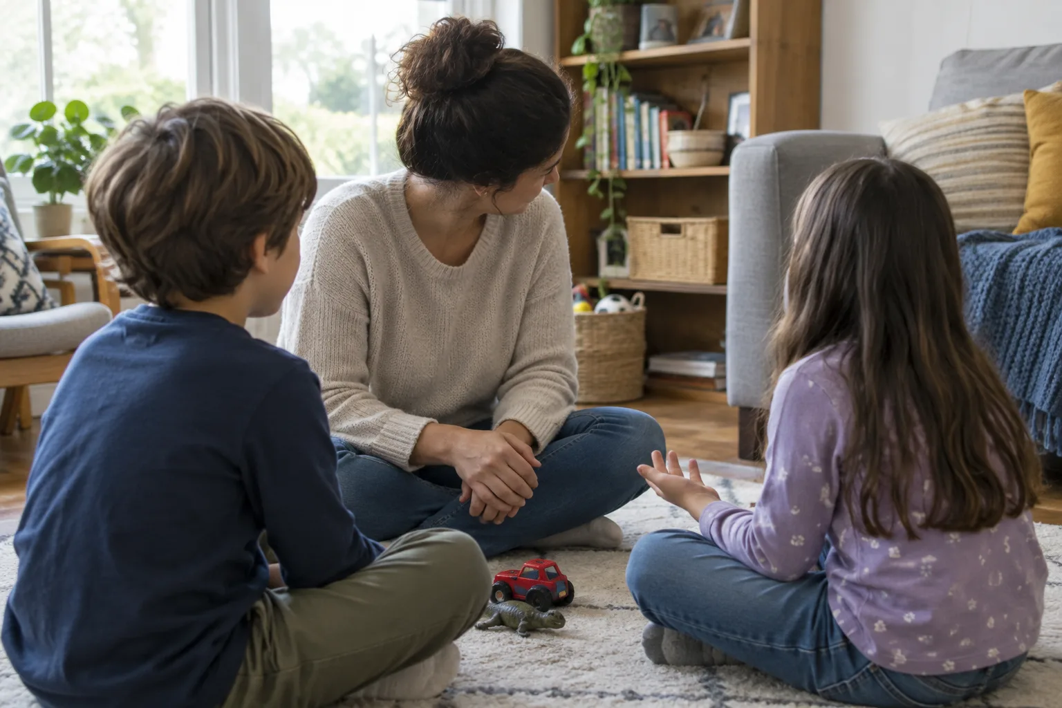 Un parent écoute deux enfants qui racontent chacun leur version d’une dispute.