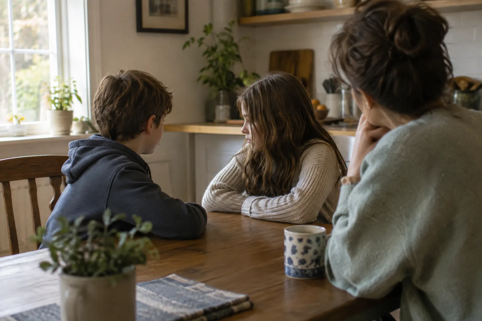 Deux enfants discutent à table tandis qu’un parent les accompagne avec calme.