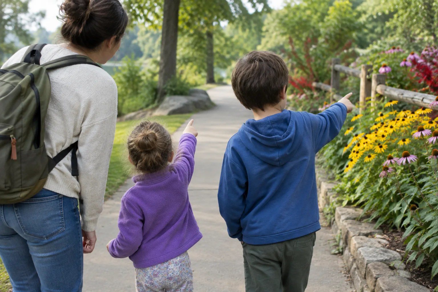 Deux enfants repèrent des détails colorés sur un chemin tandis qu’un adulte reste près d’eux.