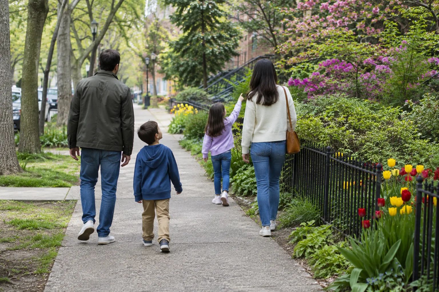 Une famille observe les couleurs autour d’elle pendant une promenade dans un parc de quartier.