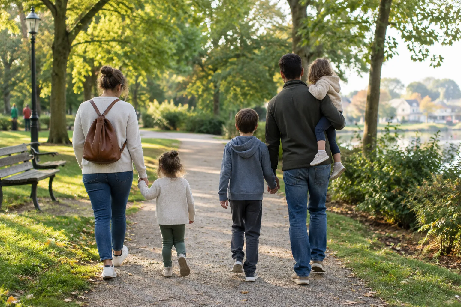 Une famille marche dans un parc de quartier, les enfants avançant côte à côte avec leurs parents.
