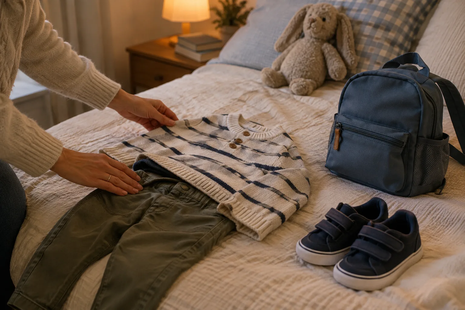 Des vêtements, un petit sac et des chaussures sont préparés la veille pour le lendemain.