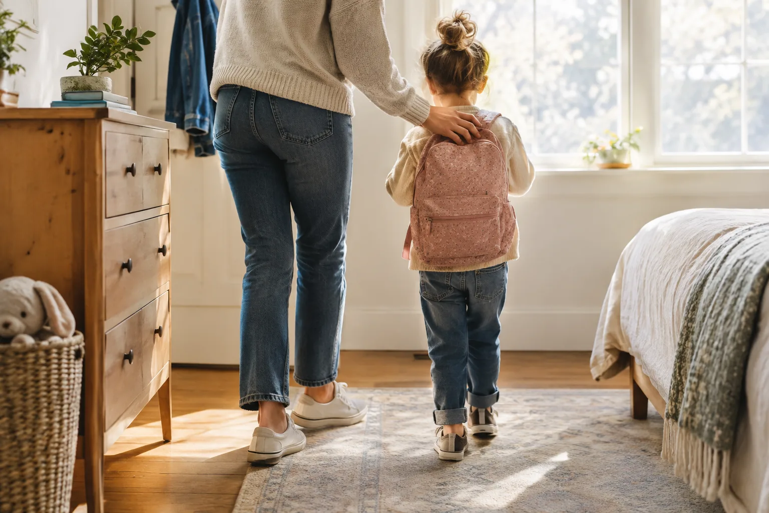 Un parent accompagne un enfant dans la préparation de sa routine du matin à la maison.