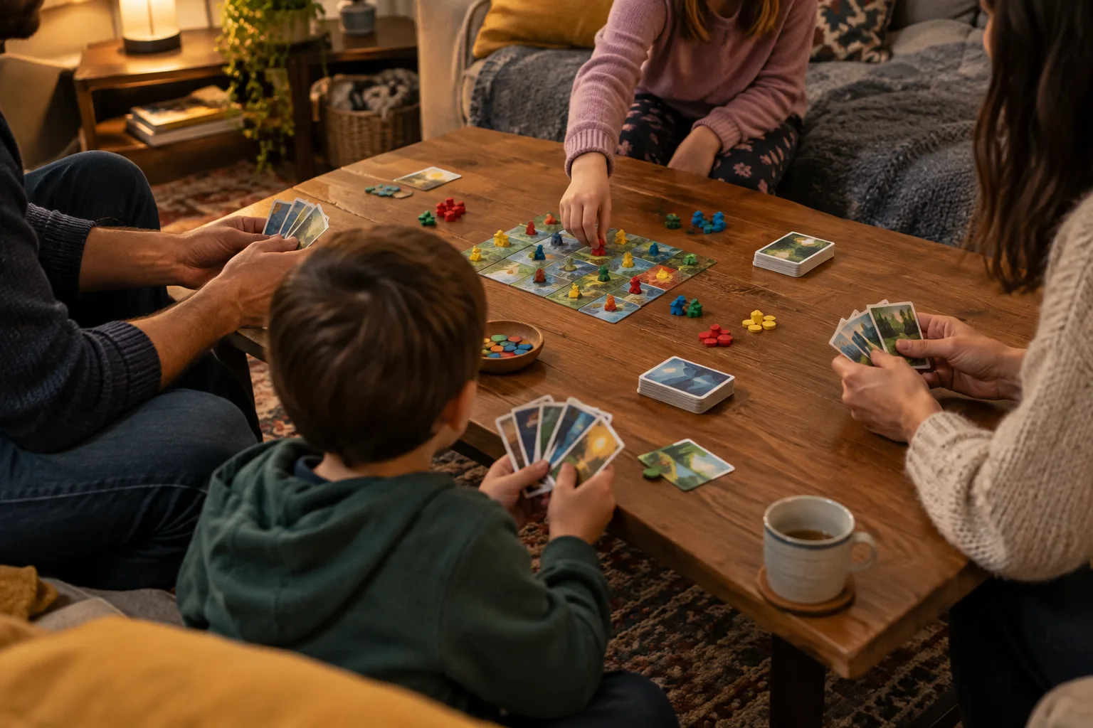 Des mains de parents et d’enfants réunies autour d’un jeu de table dans le salon.