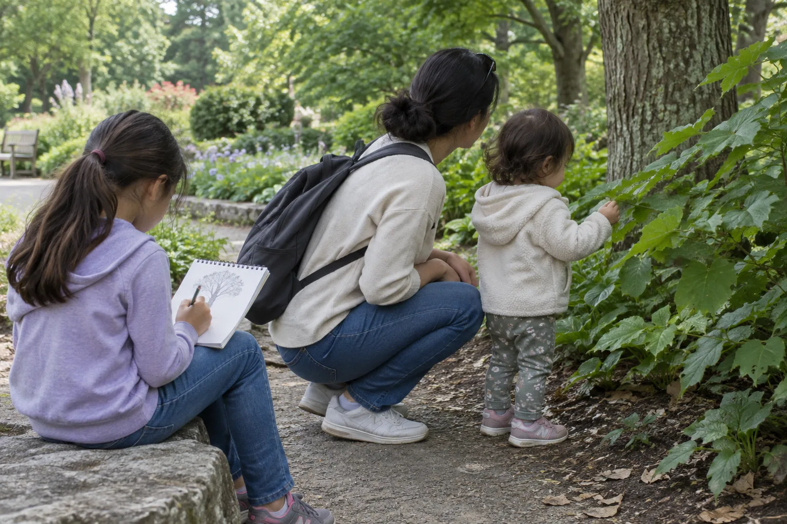 Un jeune enfant observe des feuilles pendant qu’un enfant plus grand dessine un arbre dans un jardin.