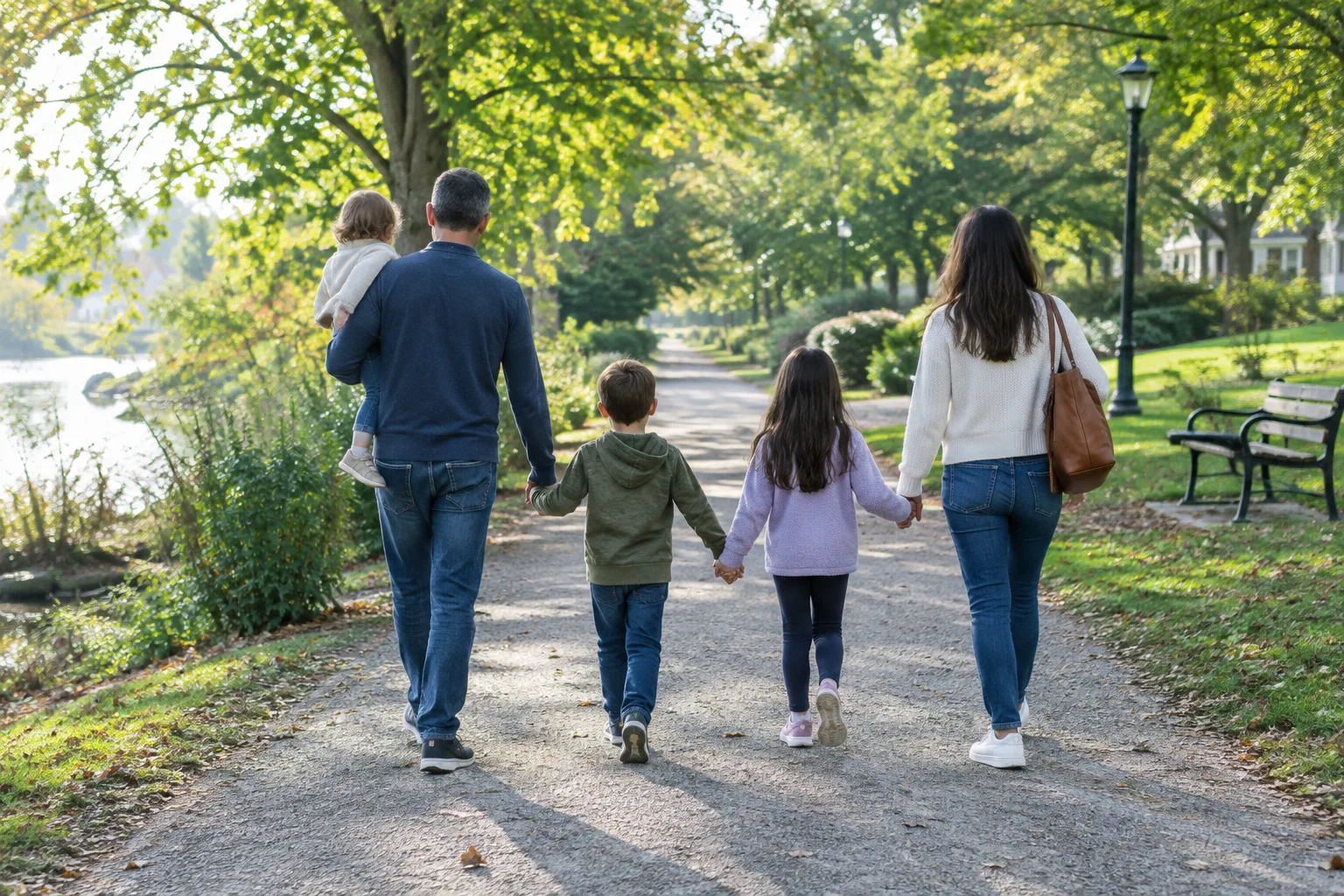 Une famille marche sur un chemin de parc bordé d’arbres.