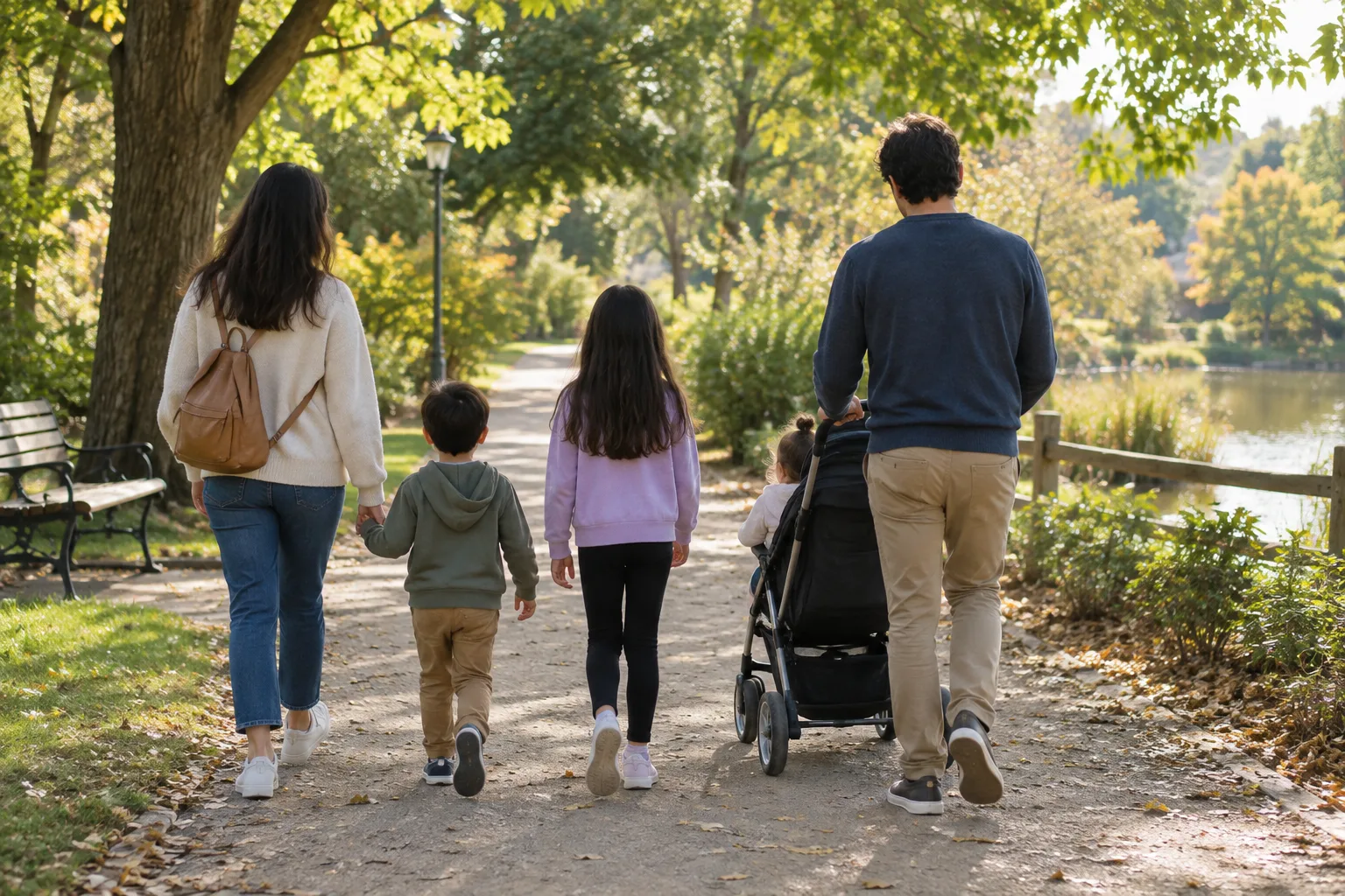 Une famille avec des enfants d’âges différents se promène dans un parc de quartier.