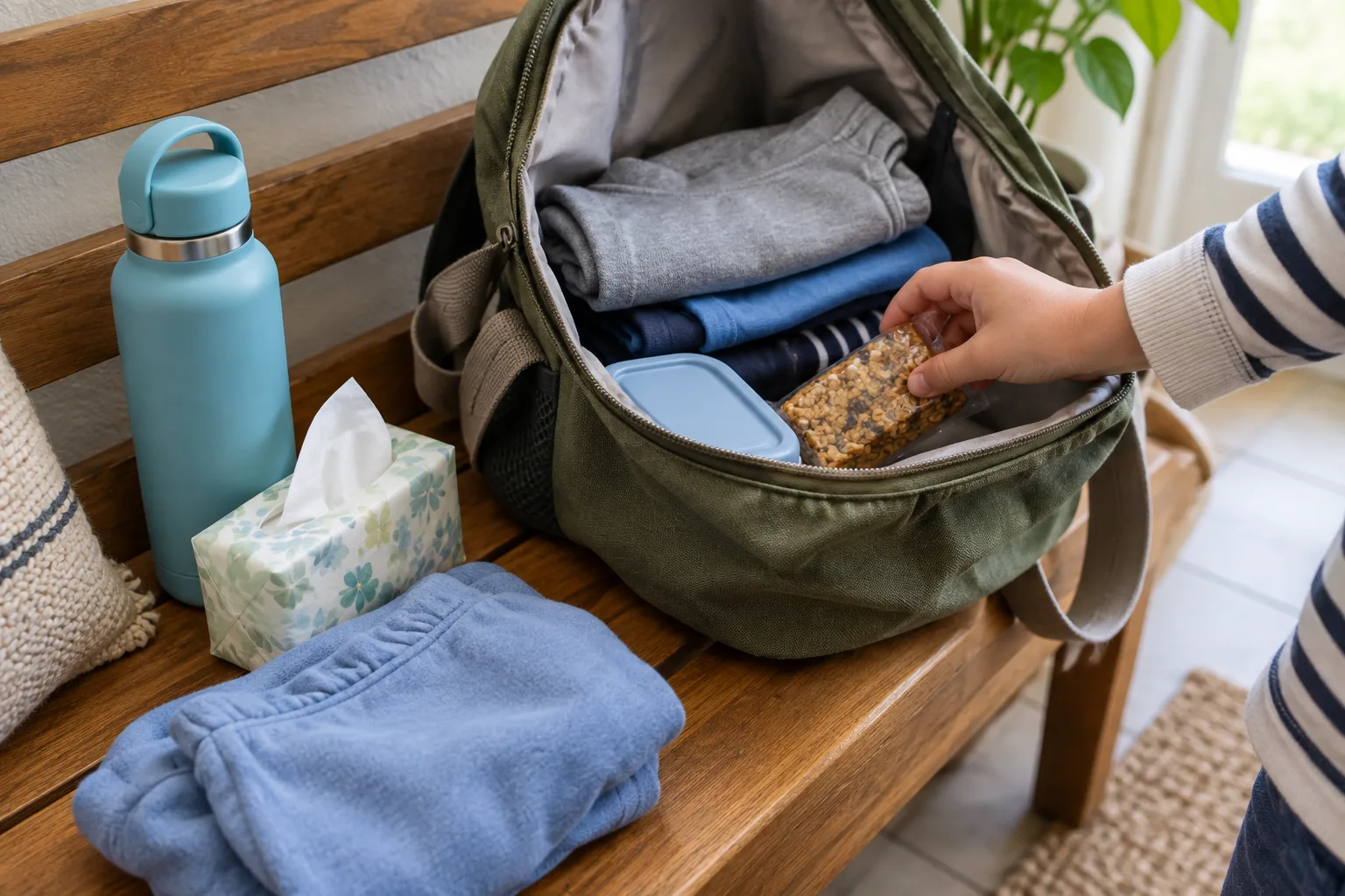 Un sac de sortie avec une gourde, des mouchoirs et quelques affaires utiles.
