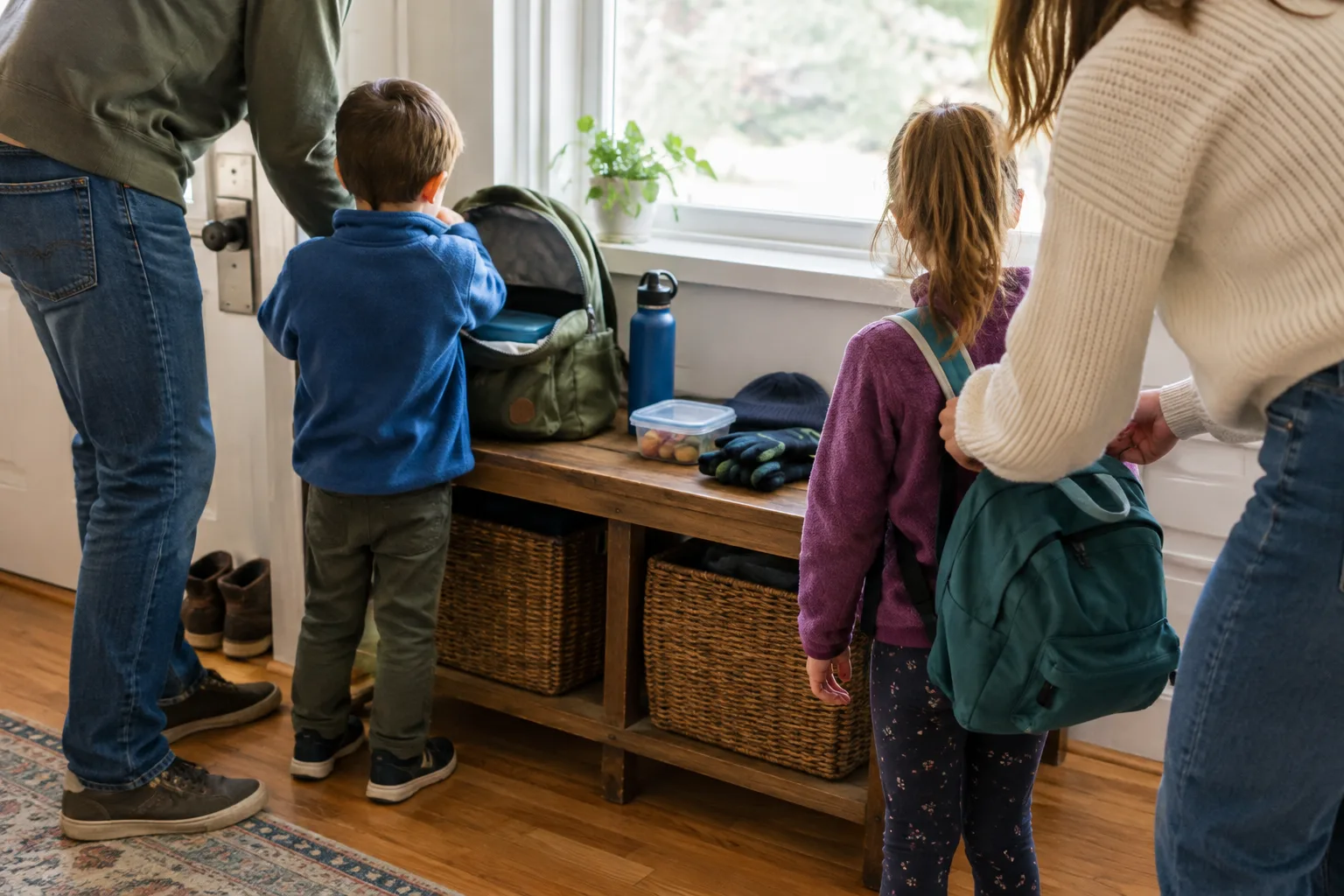 Une famille prépare un petit sac avant une sortie de proximité.