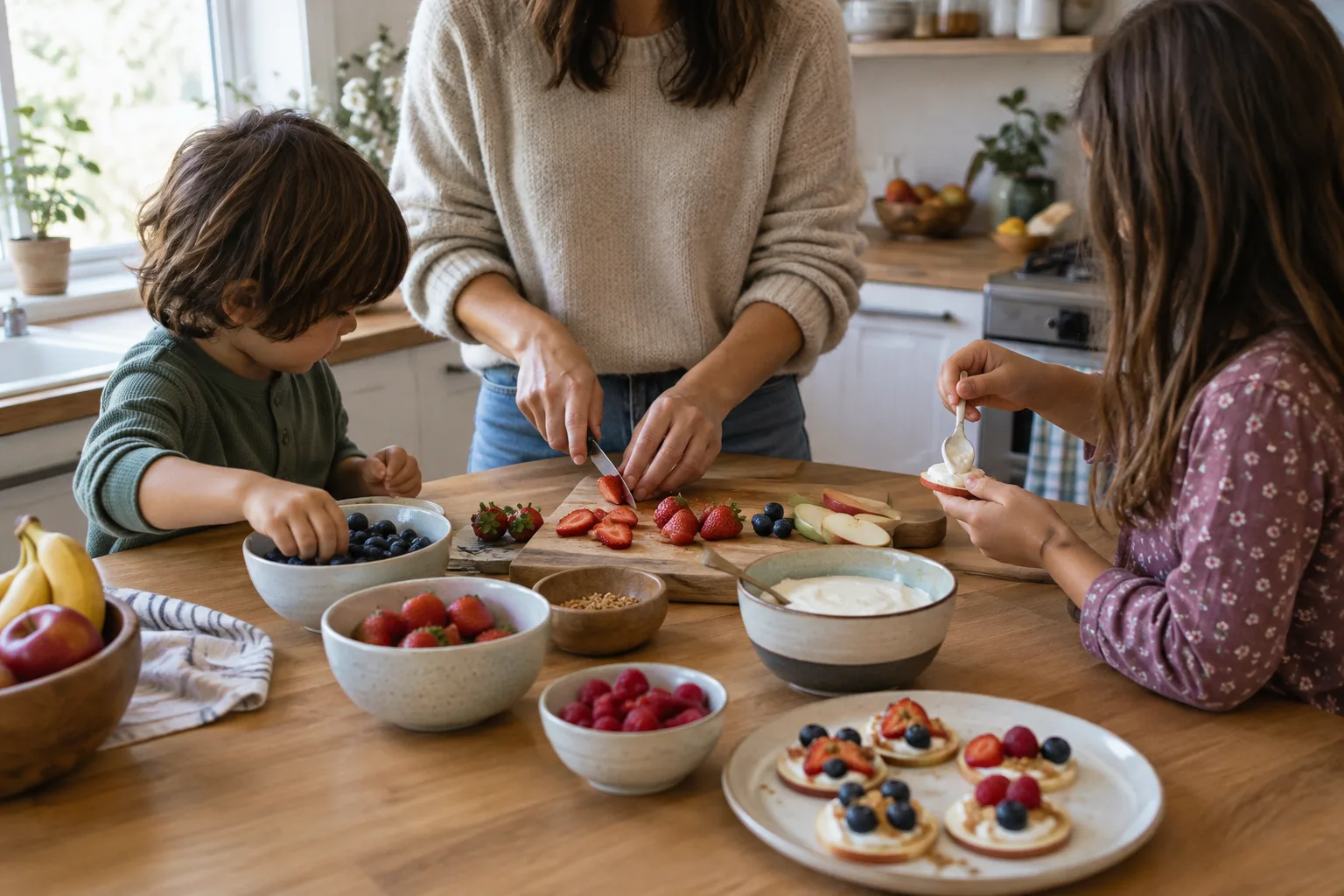 Un parent et deux enfants préparent ensemble un goûter aux fruits dans une cuisine lumineuse.