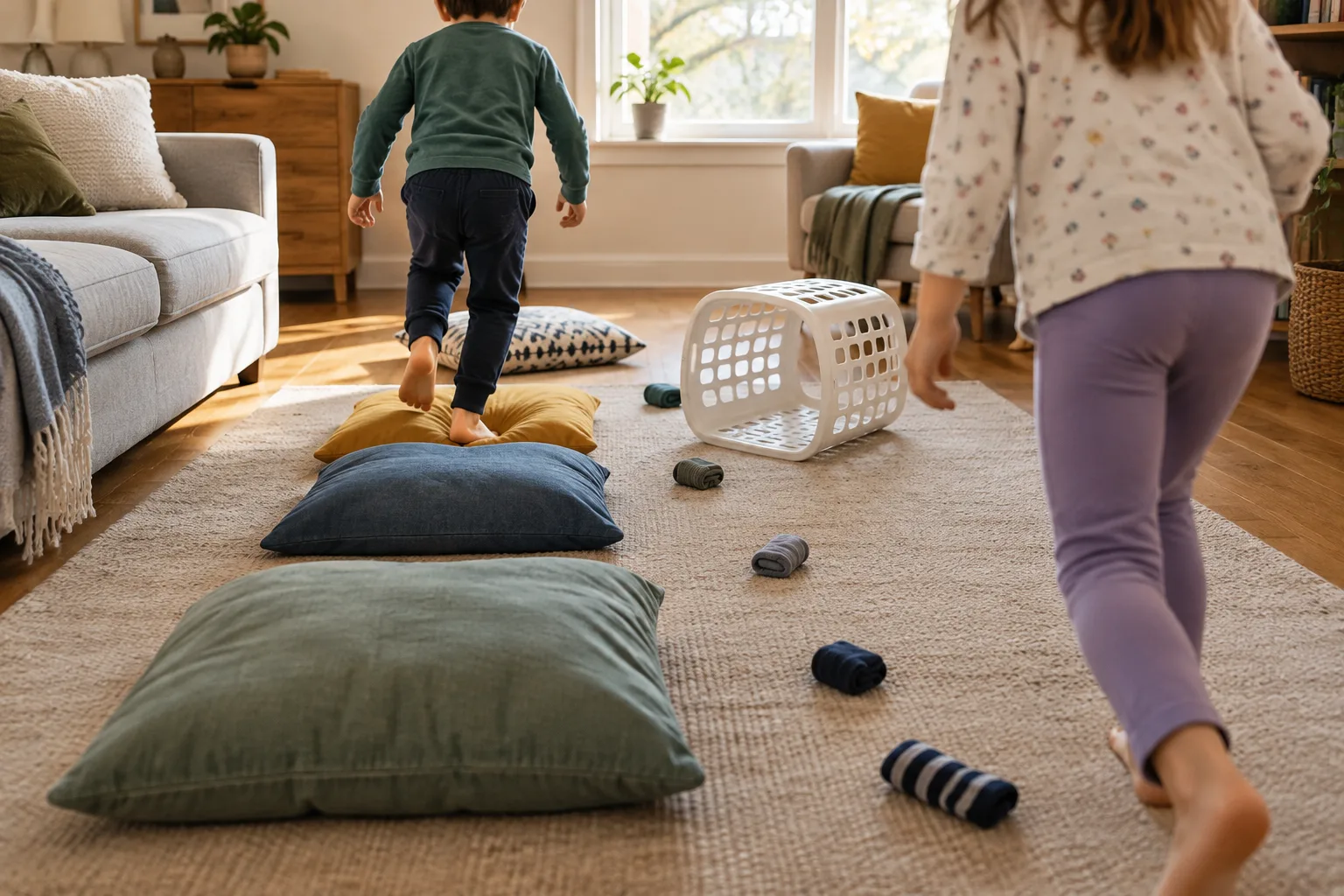 Un parcours d’obstacles improvisé dans un salon avec des coussins et un panier.