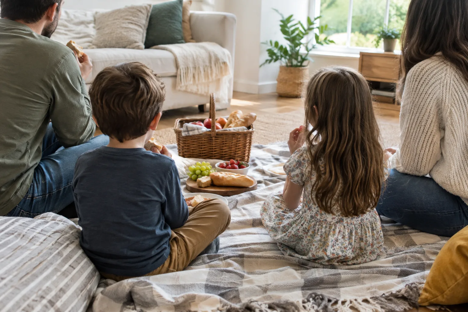 Une famille partage un pique-nique simple sur une couverture dans un salon lumineux.