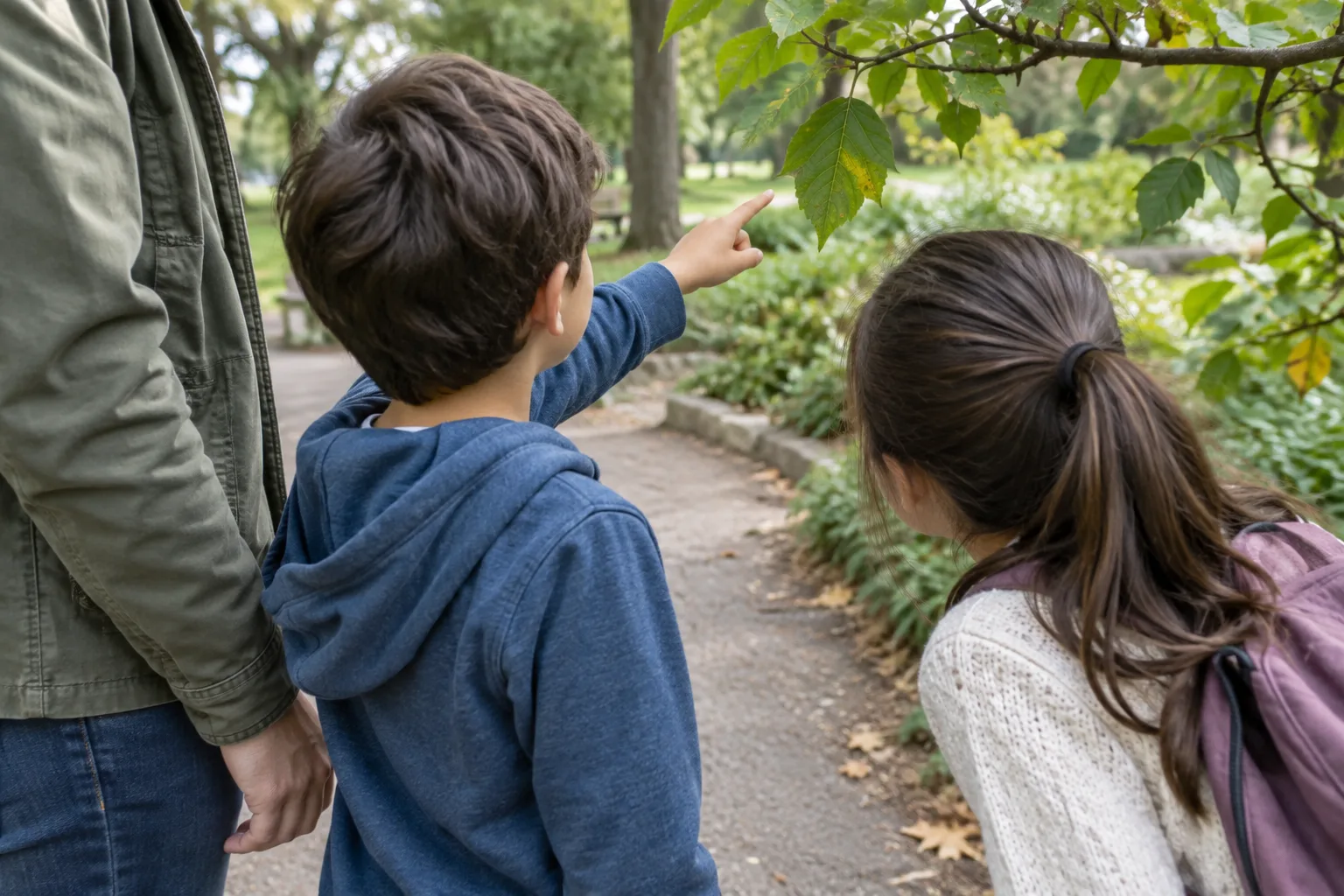 Deux enfants observent une feuille pendant une promenade, accompagnés d’un adulte.