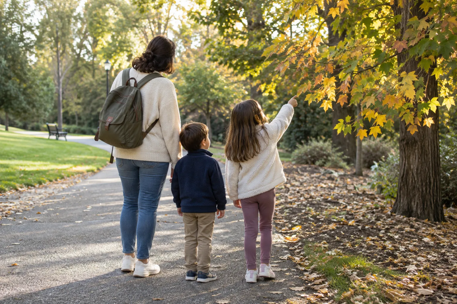 Une famille s’arrête sur un chemin de parc pour observer les feuilles et les détails du paysage.