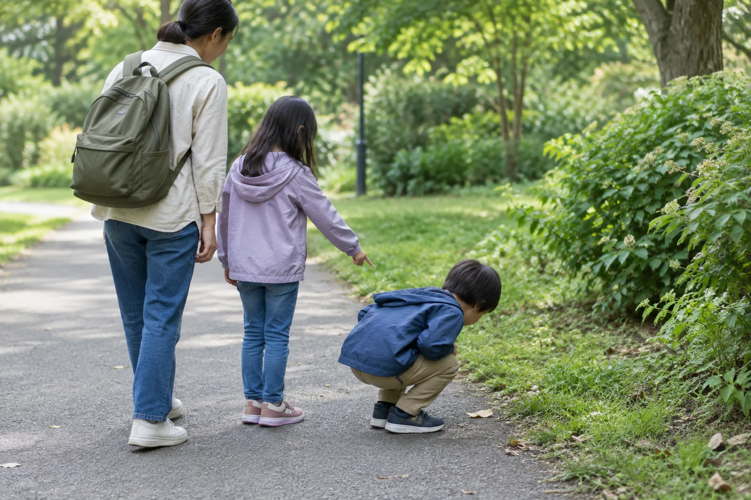 Un enfant montre une feuille à sa famille pendant une promenade au parc.