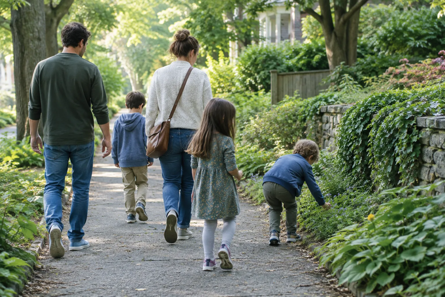 Une famille se promène sur un chemin arboré et observe les alentours.
