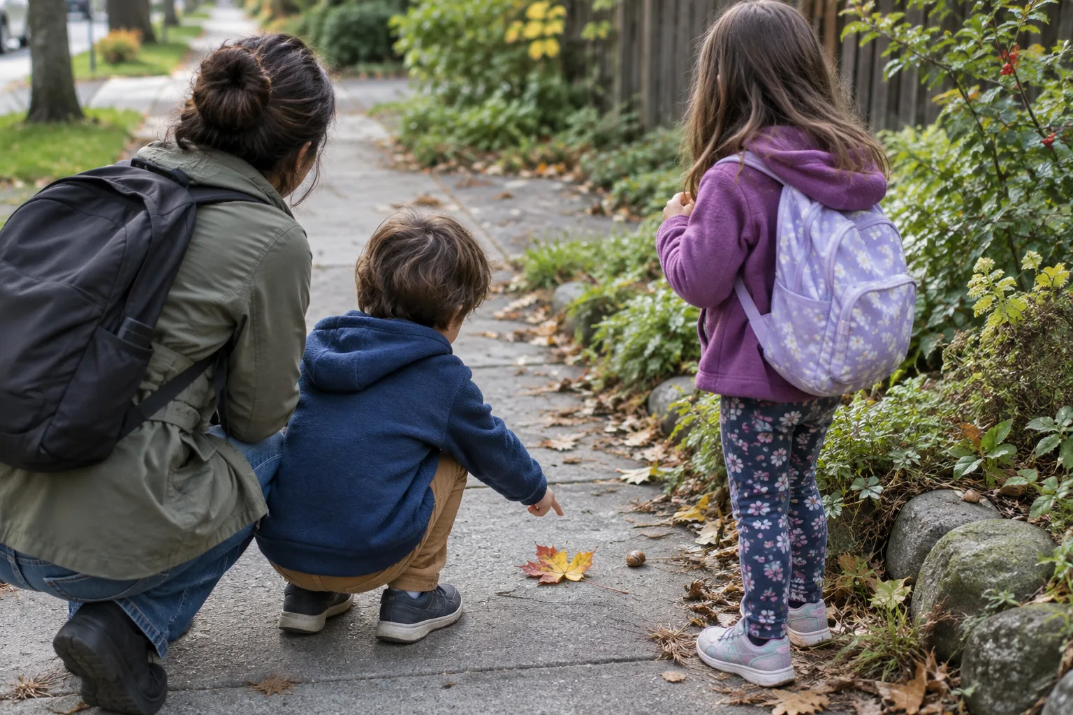 Des enfants montrent des détails repérés pendant une promenade avec un adulte.