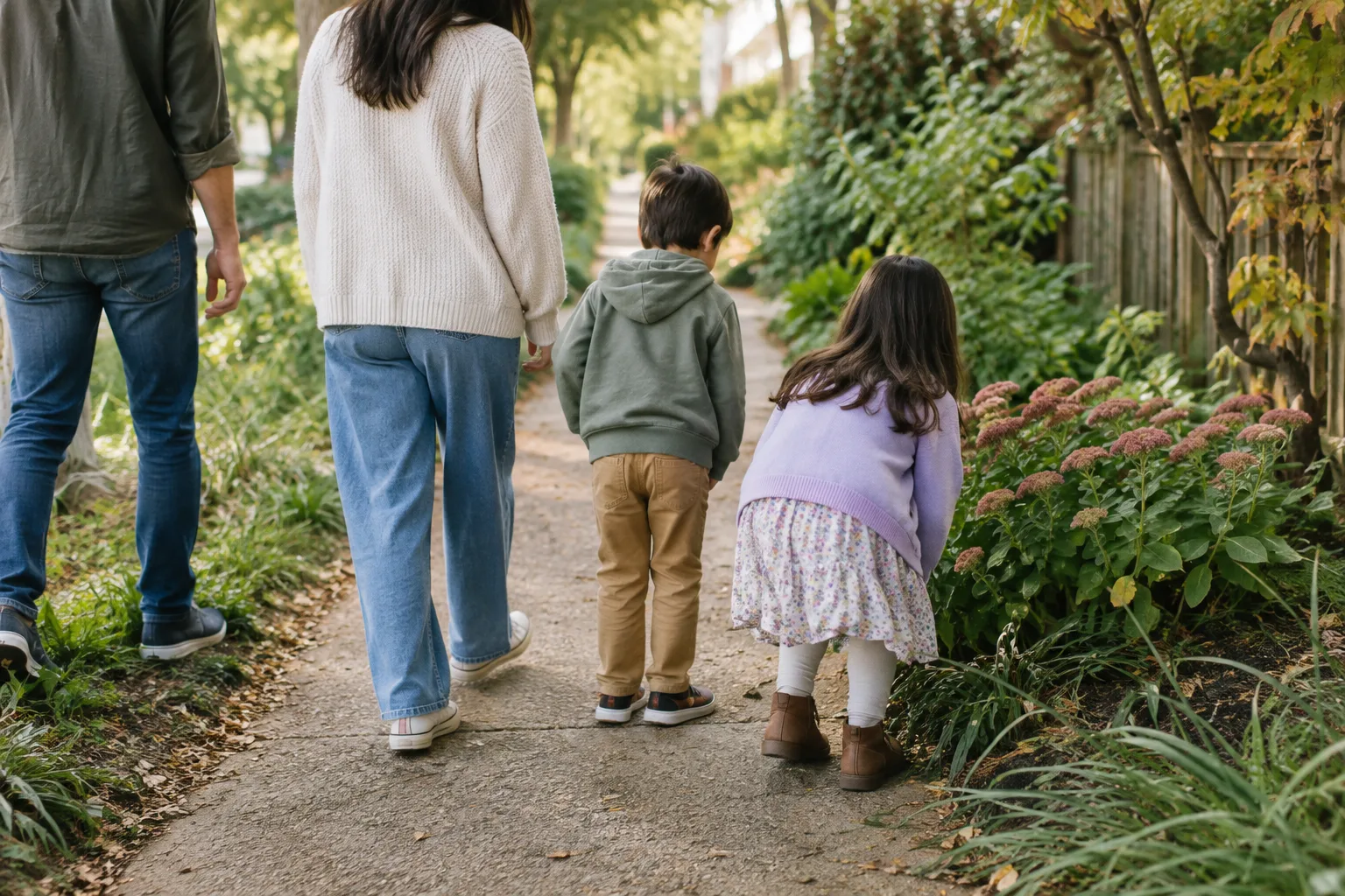 Une famille marche sur un chemin de quartier en prenant le temps d’observer ce qui l’entoure.