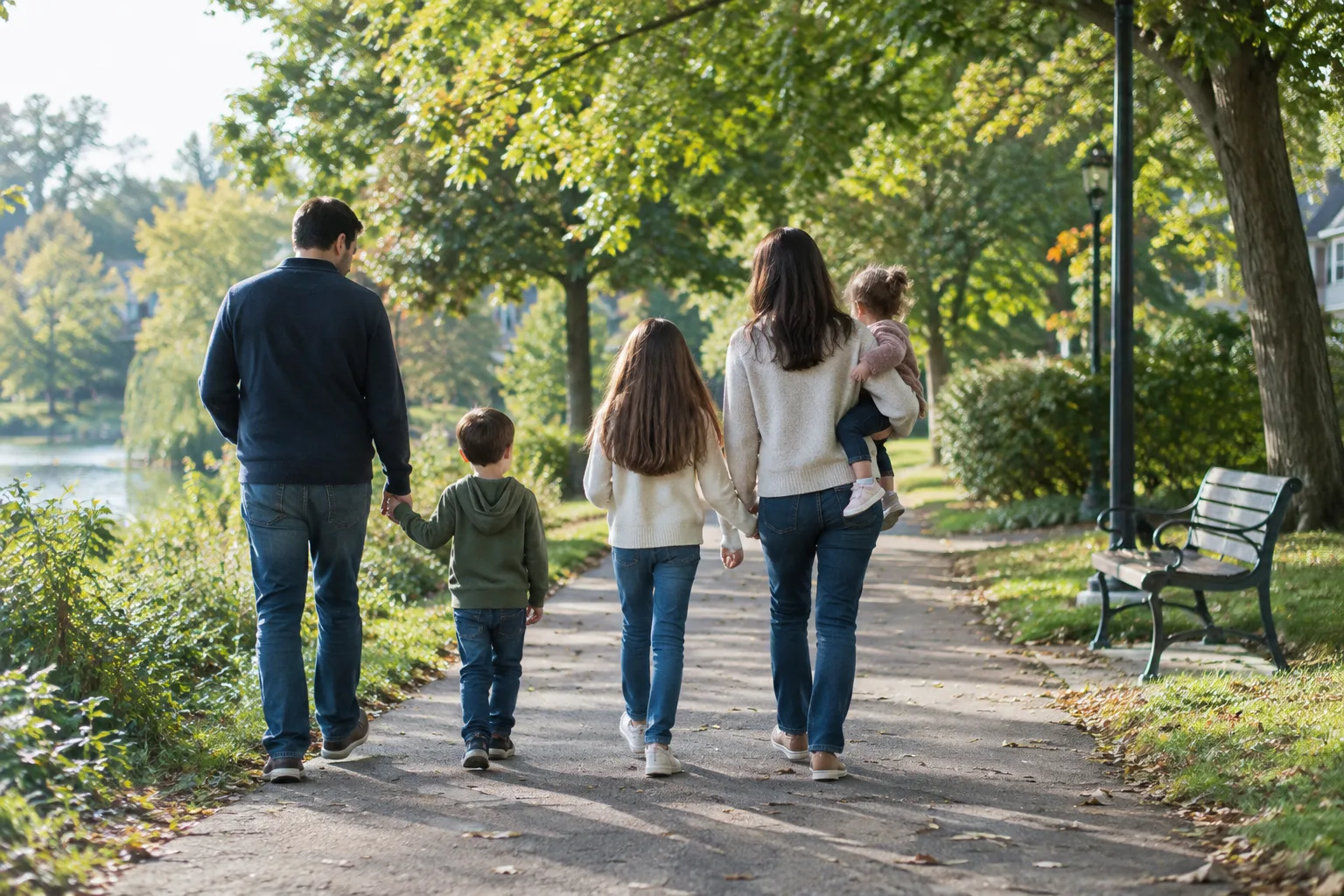 Une famille avance dans un parc de quartier, avec des enfants d’âges différents.
