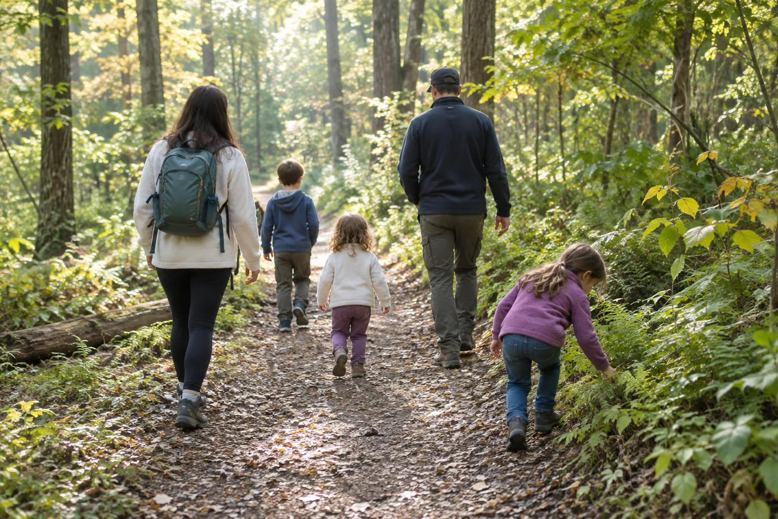 Une famille avec des enfants d’âges variés marche sur un sentier boisé.
